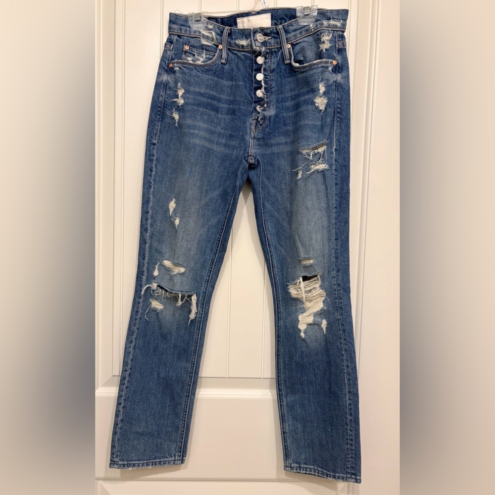 MOTHER Mid Rise Fly Cut Dazzler Ankle Jeans Destroyed Walking On Stones Size 26